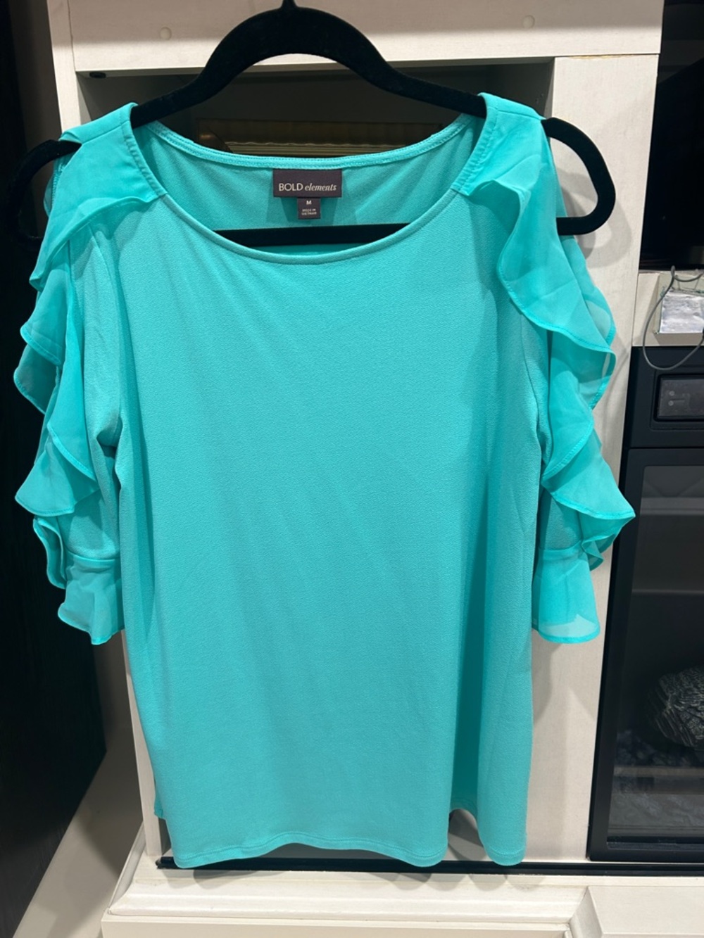 BOLD elements Teal Cold-Shoulder Ruffle Blouse